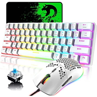 Image of LexonElec Bluetooth/Wired USB C Mechanical Backlight Keyboard 61 Keys Blue Switch Rechargeable 1000 mAh Battery + Wired Honeycomb Shell RGB Backlit 12000 DPI Gaming Mouse Pad (White)