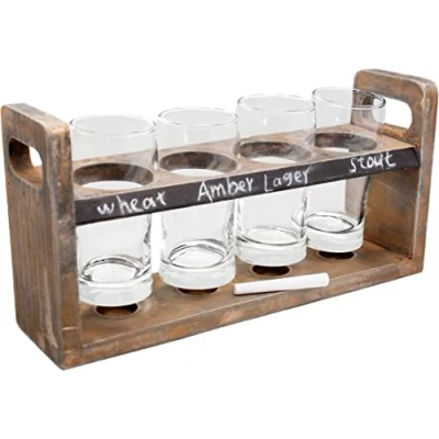 Image of Vin Bouquet FIA 256 Beer Tasting Set with wood board and 4 glasses. Includes chalk marker.