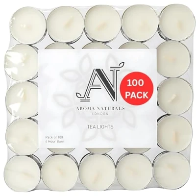Image of Aroma Naturals London Unscented Tealight Candles Bag 4 Hour Slow Burn Time Standard Size D3.8 x H1.45cm White Wax Candlelight Aluminium Cups Tea Lights Pack of (100)