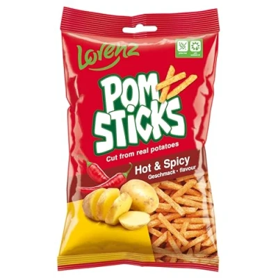 Image of Lorenz POMSTICKS Snack on the go Tasty potato sticks (Hot &amp; Spicy, Pack of 20)