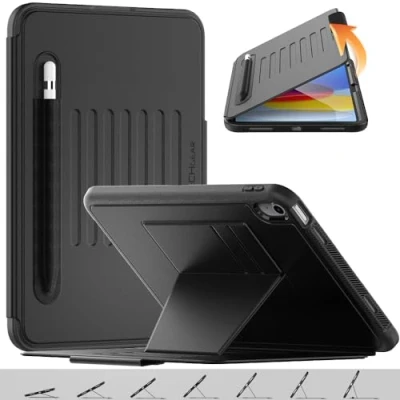 Image of TECHGEAR Enduro Case For Apple iPad 10th Generation 10.9&quot; / 10 2022 Tough &amp; Rugged Strong Magnetic Flip [Sleep/Wake] Drop Proof Cover [Multi Angle Stand] Pencil Holder Card Slot, Black