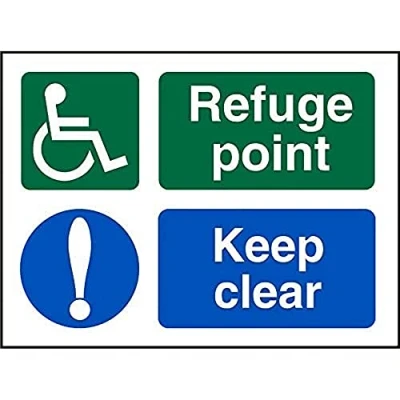 Image of Seco DDA Fire Exit Wheel Chair, Refuge Point, Exclamation Mark, Keep Clear Sign, 200mm x 150mm 1mm Semi Rigid Plastic, Green