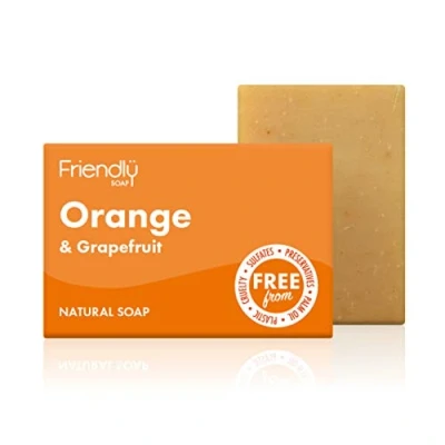 Image of Friendly Soap Zingy Orange &amp; Grapefruit (95g), Plant Based, Cruelty Free, Made By Hand, No Preservatives or Sulphates, Sustainable