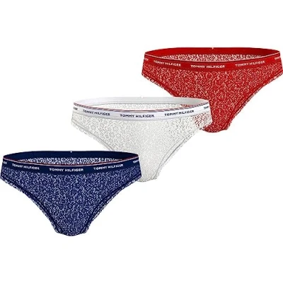 Image of Tommy Hilfiger Women&#039;s 3 Pack Bikini Lace (Ext Sizes) Uw0uw04897 Panties, Multicolour (Desert Sky/White/Primary Red), S