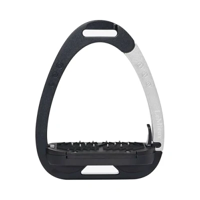 Image of LeMieux Vector Balance Stirrup New Generation Spring Loaded Hinged Arm 5 Tilted Ergonomic Footplate Black/Aluminium