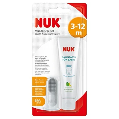 Image of NUK 10256396 Oral Care Set Consisting of Baby Toothpaste with Natural Apple/Banana Flavour and Finger Toothbrush/BPA