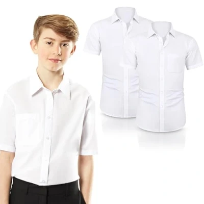 Image of ND Boys Half Sleeve School Shirt Classic Fit, Easy Iron, Soft Cotton Blend, Uniform for White (UK, Alpha, One Size, Regular, 15.5&quot; Neck Year [15 16], Pack 2)