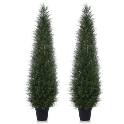Image of Kazeila Artificial Cypress Tree 150cm Plants Outdoor,UV Resistant Rated Cedar Fake Conifers Trees for Home Garden Front Porch Decor(2Pack)