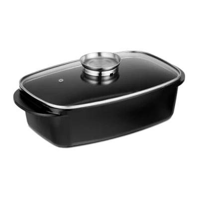 Image of Relaxdays Dish with Glass Lid, 5 Litre Capacity, Coated Universal Roaster, Aluminium, Electric &amp; Gas Hob, Black, 15 x 39.5 22 cm