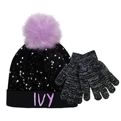 Image of TeddyTs Personalised Initial Girls Black Sequin Pink Pom Bobble Hat and Glitter Gloves Set, One Size