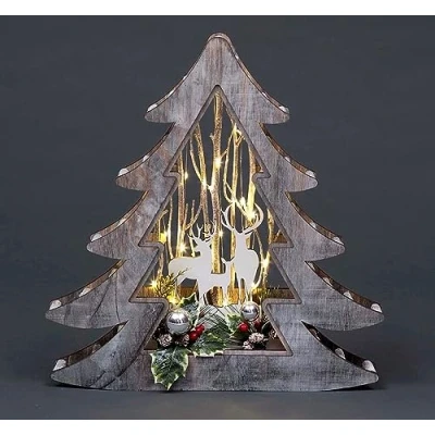 Image of SHATCHI Wooden Christmas Reindeer Scene Tabletop Centrepiece Frame Battery Operated with Micro Rice LEDs and Festive Room Wall Table Home Decorative Gift, Wood, Xmas Tree 48cm
