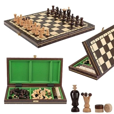 Image of GREAT KINGDOM Chess and Checkers Set Master of Brown Board 35cm For Adults Kids Handmade Portable Drafts/Draughts
