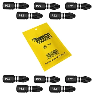 Image of 10 x SabreCut SCPZ225_10 25mm PZ2 Impact Screwdriver Driver Bits Set Single Ended PoziDriv POZI No.2 Heavy Duty
