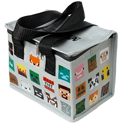 Image of Puckator Cool Lunch Bag with Minecraft Faces Design Made Out of Recycled Plastic Bottles Insulated for Women Men Children Box Work &amp; School Beach Picnic Accessories