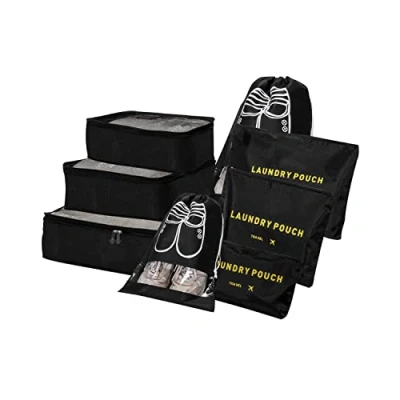Image of Suitcase Organiser Travel Garment Bags, 8 in 1 Case Set, Packing Cubes, Organiser, Luggage, for Clothes, Shoes, Underwear, Cosmetics (Black)