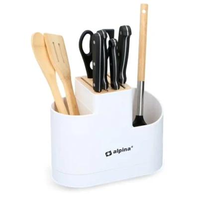Image of Alpina Kitchen Organiser: Knife Block and Utensil Holder Plastic/Bamboo White