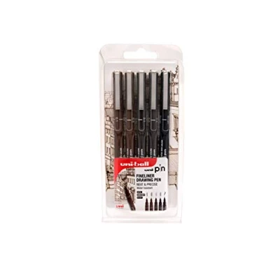 Image of uni ball PIN 153544968 5pc Fine Liner Drawing Pen, Water Resistant and Fade Resistant, Nib Sizes Sepia: 0.1, 0.5, Dark grey: Black Brush