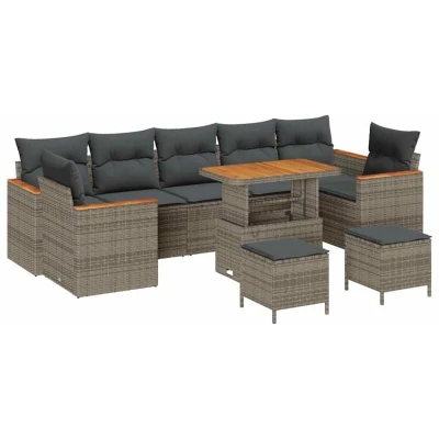 Image of vidaXL 10 Piece Garden Sofa Set with Cushions Grey Poly Rattan Acacia