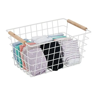 Image of Relaxdays Wire Basket, Wooden Handles, Square, Lattice Design, Clothes, Accessories, Metal Bin, HWD: 16x31x21 cm, White