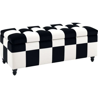 Image of HOMCOM 114 x 47 47cm Velvet Storage Ottoman, Button tufted Footstool Box, Toy Chest with Lid for Living Room, Bedroom, White and Black
