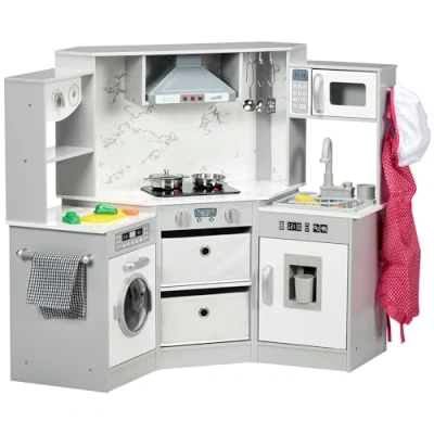 Image of AIYAPLAY Toy Kitchen Playset, Kids Play Kitchen, Role Playing Game with Running Water, Lights, Sounds, Apron and Chef Hat, Water Dispenser, Sink, Utensils, Ages 3 6 Years Grey