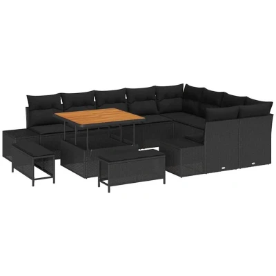 Image of vidaXL 12 Piece Garden Sofa Set with Cushions Black Poly Rattan Acacia