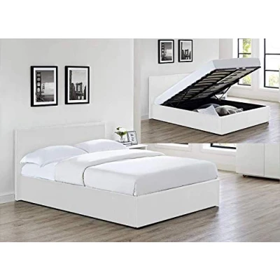Image of MODERNIQUE® Bilancio Ottoman Storage White Faux_Leather Double Sized (4FT6) Bounce Sprung Slats Base, Gas Lift Up End Fabric Covered Floor Massive Bed (White,