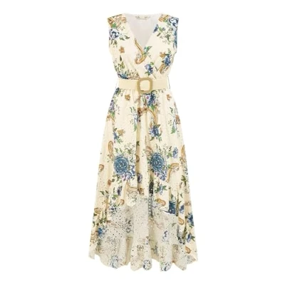 Image of Yumi Premium Ivory Floral Print Broderie Anglaise Cotton Dip Hem Midaxi Dress S White