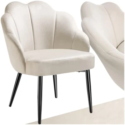 Image of TecTake® Accent Chair in Shell Design with Velvet Look Cover, Armchair Curved Backrest, Thick Padding, Slim Steel Legs &amp; Height Adjustable Feet, Ideal Vanity Bedroom Cream/Black
