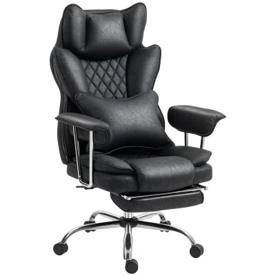 Image of HOMCOM Executive Office Chair, Leathaire Reclining Computer Desk Chair with Lumbar Support Pillow, High Back, Footrest, Silent Swivel Wheels, Armrest, Height Adjustable for Home, Black