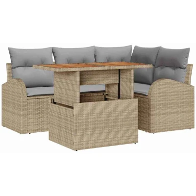Image of vidaXL 5 Piece Garden Dining Set with Cushions Beige Poly Rattan Acacia