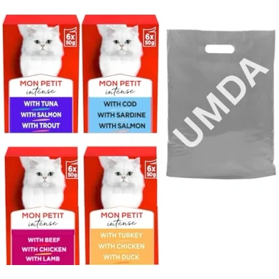 Image of UMDA Mon Petit Gourmet Wet Food Pouches Cat Puirna One Mixed Selection Tuna, Salmon, Trout Cod, Sardine, Salmon Duck, Chicken, Turkey Beef, Lamb 24x50g