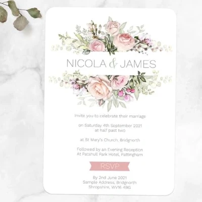 Image of Dotty about Paper Pink Roses &amp; Greenery Personalised Wedding Invitation Pack of 10
