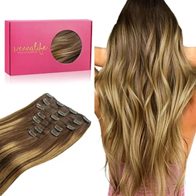 Image of WENNALIFE Hair Extensions Clip In, 24 Inch 120g 7pcs in Real Human Balayage Chocolate Brown to Caramel Blonde Remy Coloured