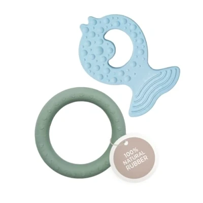 Image of HEVEA Kawan Teething Ring and Fish Teether for Babies 100% Natural Rubber Soothing Toys, BPA Free &amp; Vegan, Easy Grip Gums, 2 Pack (Sky Blue Seafoam Blue)