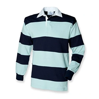 Image of Front Row Hooped Long Sleeve Rugby Shirt in Duck Egg/Navy M