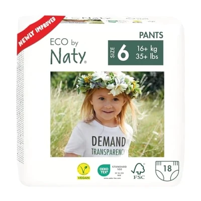 Image of Eco by Naty Nappy Pants Hypoallergenic and Chemical Free Pull Ups, Highly Absorbent Friendly Training Nappies for Boys Girls (Size 6 18 Count)