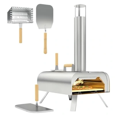 Image of Outsunny Outdoor Pizza Oven, Portable Wood Pellet Oven with Stone and Peel, Foldable Legs, Chimney, 12 Inch Fired Maker for Cooking, Stainless Steel