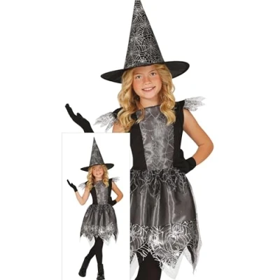 Image of FIESTAS GUIRCA Silver Cobweb Witch Girls Fancy Dress Costume Including and Spiderweb Hat Halloween Costumes Age 5 6 Years