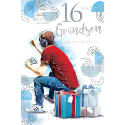 Image of Grandson 16th 16 Today Gaming &amp; Presents Design Happy Birthday Card Lovely Verse