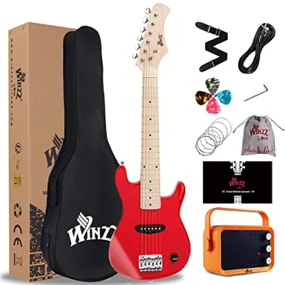Image of Winzz 30 Inch Kids Electric Guitar Beginner Kit, Junior 1/4 Size Mini for Children with Amplifier, Beautiful Chritsmas Gifts Glossy Red