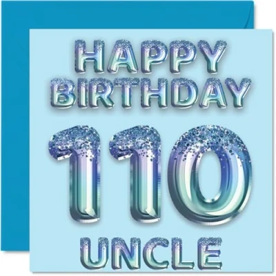 Image of 110th Birthday Card for Uncle Blue Glitter Party Balloons Happy Cards 110 Year Old from Nephew Niece, 145mm x Bday Greeting Gift