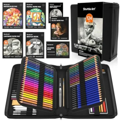 Image of Shuttle Art 124 Pack Sketching and Drawing Pencils Set, Sketch Pencil Set with 4 Pads, Graphite in Zipper Case, Colouring for Artist Sketching, Adults, Beginner