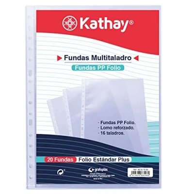 Image of Kathay 86557200 Bag of 20 Transparent Pockets, 16 Drills, Folio Size, Standard Plain Polypropylene