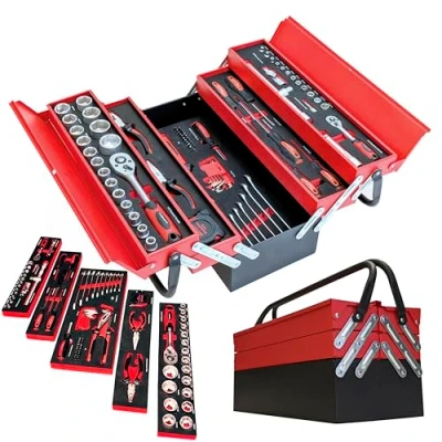 Image of Widmann Hand Tool Set in Steel Cantilever Toolbox Kit Metal Case (86 piece), Red