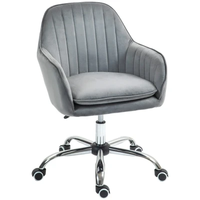 Image of HOMCOM Office Chair, Swivel Desk Velvet Feel Fabric Vanity Chair with Adjustable Height and Rolling Wheels for Home Work Study, Grey