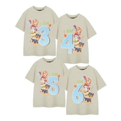 Image of Paw Patrol Boys Beige Short Sleeved T Shirt Birthday Age Graphic Tee for Kids Chase Marshall Rubble Skye Characters Children&#039;s Cartoon Apparel Theme Top