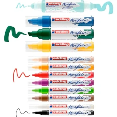 Image of edding Creative set acrylic pens, waterproof, fine, medium, broad nib incl. art pad paint marker of 12 (basic) pens for canvas, wood rock painting