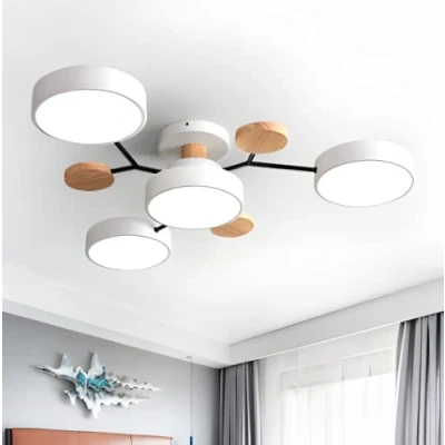 Image of Modern Semi Flush Mount Ceiling Light Nordic White LED Lamp Circular Acrylic 4 Heads Chandelier Sputnik Fixture with Wood Decoration for Living Room Dining Bedroom