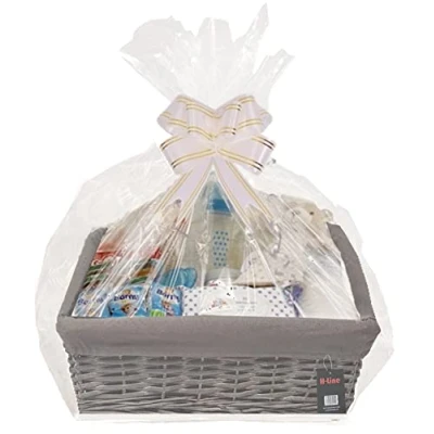 Image of H LINE MEDIUM Make Create Your Own Gift Hamper Kit Grey Wicker Storage Basket Cellophane Wood Shred Bow Set Ideal for Christmas Easter Christening Wedding Baby Shower or Birthday